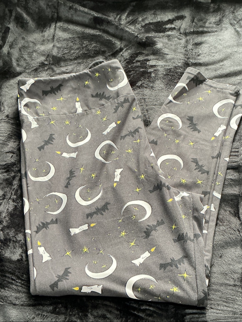 LuLaRoe Gray Crescent Moon, Candle & Bat Print Leggings